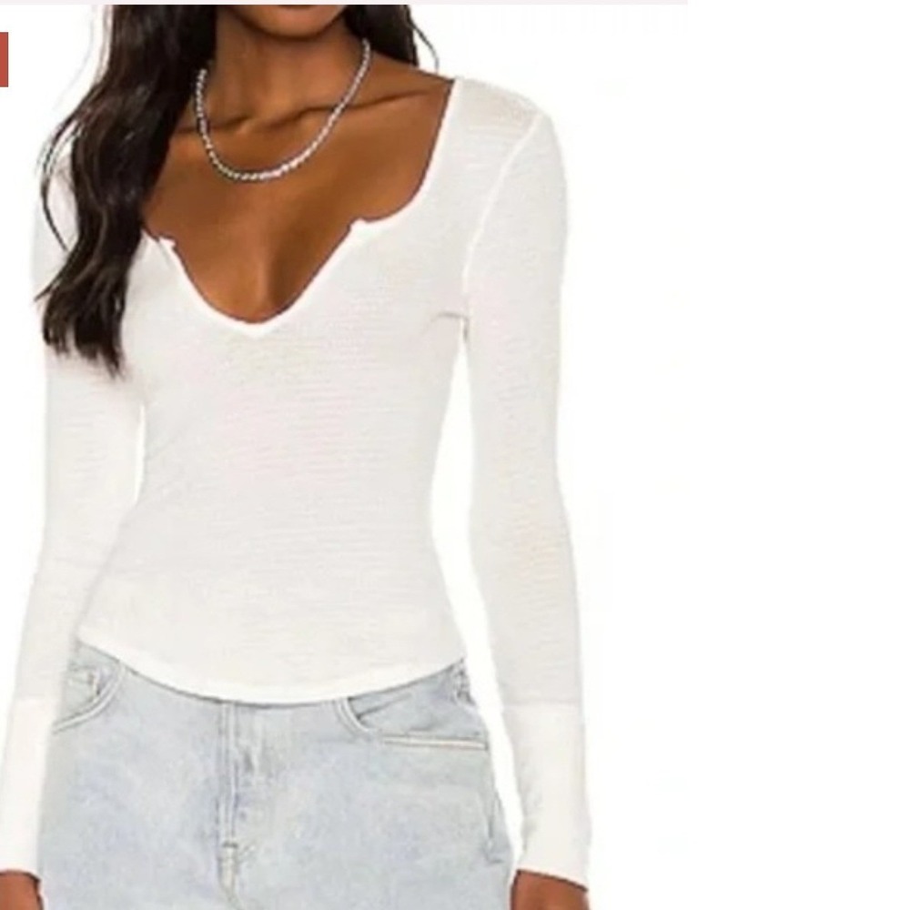 Intimately Free People White Waffle Knit Thermal V-Neck Long Sleeve Top XS